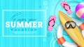 Summer vacation vector design. Enjoy summer vacation text with lifebuoy, surfboard and flip flop outdoor elements in wood pattern.