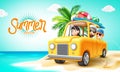 Summer vacation vector design. Summer text with family characters riding a yellow car in sand island.