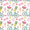 Summer vacation vibes seamless pattern with beach bicycle, ice cream, pineapple, watermelon on white background