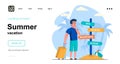 Summer vacation web concept. Man with luggage stands at sign directions