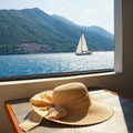 Summer vacation. Women`s sun hat on the table of pleasure ship