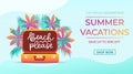 Summer vacations banner design in trendy style for travel agency with tropical leaves, suitcase and lettering inscription Royalty Free Stock Photo