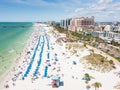 Summer vacations in Florida. Panorama of Ocean beach and Resorts in US. Blue-turquoise color of water. American Coast or shore.