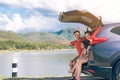 Summer vacations.Happy family enjoying trip with their favorite car. Holiday and travel family concept Royalty Free Stock Photo