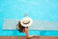 Summer Vacations. Lifestyle woman happy with bikini and big hat relaxing on the swimming pool, Royalty Free Stock Photo