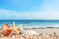 Tropical beach with sea star and seashells on sand, summer holiday background. Royalty Free Stock Photo