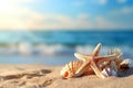 Tropical beach with sea star and seashells on sand, summer holiday background. Royalty Free Stock Photo