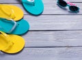 Summer vaction beach background, flip flops, sunglasses, copy space Royalty Free Stock Photo