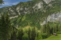 Summer valley with Grossarler Ache small river and blue cloudy sky