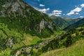 Summer valley with Grossarler Ache small river and blue cloudy sky