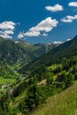 Summer valley with Grossarler Ache small river and blue cloudy sky