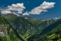 Summer valley with Grossarler Ache small river and blue cloudy sky