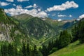 Summer valley with Grossarler Ache small river and blue cloudy sky