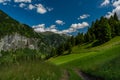 Summer valley with Grossarler Ache small river and blue cloudy sky