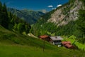 Summer valley with Grossarler Ache small river and blue cloudy sky