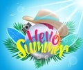 Summer vector background concept. Hello summer text with beach ball, hat, surfboard and camera elements for fun and relax travel. Royalty Free Stock Photo