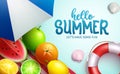 Summer vector background design. Hello summer greeting text with tropical fruits of lemon, lime and watermelon elements for sunny.