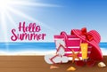 Summer vector background design. Hello summer greeting text with summer vacation travel elements like beach bag, hat, sunglasses. Royalty Free Stock Photo