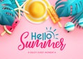 Summer vector background design. Hello summer greeting text with monstera leaves, popsicles and hat 3d elements for tropical. Royalty Free Stock Photo