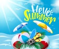 Summer vector background design. Hello summer text with floating floater in sea water background with beach ball, umbrella. Royalty Free Stock Photo