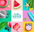 Summer vector background design. Summer hello text in empty space with colorful beach elements collection. Royalty Free Stock Photo