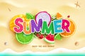 Summer vector background design. Summer text with tropical season sliced fruit elements in top view beach seashore background. Royalty Free Stock Photo