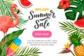 Summer vector background with flamingo, tropical leaves, hand drawn calligraphy. Sale banner, poster design template Royalty Free Stock Photo