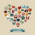 Summer vector background with flat beach and vacation icons in heart shape Royalty Free Stock Photo