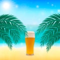 Summer vector background with tropical beach, sea and glass of beer. Blurred bokeh backdrop. Vacation and relax concept Royalty Free Stock Photo