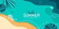 Summer vector background. Wave water, sea, beach, sand with palm and monstera leaves in modern simple flat style. Top Royalty Free Stock Photo