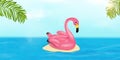 Summer vector banner design concept with pink Flamingo pool float, tropical palm leaves and ocean. Summer vacation