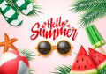 Summer vector banner design. Hello summer greeting text with colorful beach elements like sunglasses, beach ball, popsicle. Royalty Free Stock Photo