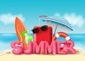 Summer vector banner design. Summer pink 3d text with beach elements like luggage, sunglasses, surf board, lifebuoy, umbrella. Royalty Free Stock Photo