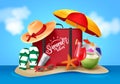 Summer vector banner design. Summer vibes text with realistic beach elements.