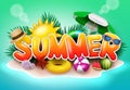 Summer vector banner design. Summer text in beach island background with sun and umbrella elements for fun and enjoy. Royalty Free Stock Photo