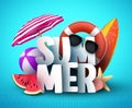 Summer vector banner design with white 3D text title and colorful realistic tropical beach elements
