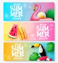 Summer vector banner set design. It's summer time text in colorful background with flamingo, toucan and popsicles elements. Royalty Free Stock Photo