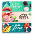 Summer vector banner set. Summer greeting text collection with floaters and outdoor tropical elements for enjoy holiday vacation.