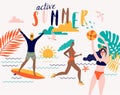 Summer vector beach illustration with cartoon people