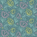 Summer vector beautiful linear seamless floral pattern with flowers, tulip, branches, leaves, plant for woman day or