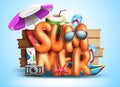 Summer vector concept design. Summer 3d text in wood texture background with tropical elements like umbrella, sunglasses