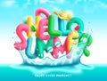 Summer vector concept design. Hello summer greeting colorful 3d text in water splash with hat, popsicles and sunglasses elements. Royalty Free Stock Photo