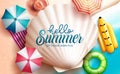 Summer vector concept design. Hello summer greeting text in seashell with umbrella and floater elements for enjoy and relax. Royalty Free Stock Photo