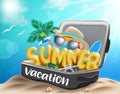 Summer vector concept design. Summer 3d text in travel vacation luggage with beach ball, sunglasses, hat and camera elements. Royalty Free Stock Photo