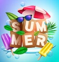 Summer vector concept design. Summer text in scrabble wood blocks with popsicle, leaves and tropical elements for fun and relax.