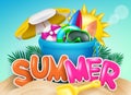 Summer vector concept design. Summer text in beach sand with bucket and shovel toy element for kids play fun and enjoy vacation. Royalty Free Stock Photo