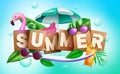 Summer vector concept design. Summer text in scrabble wood blocks with popsicle, leaves and tropical elements for fun and relax ho