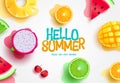 Summer vector design. Summer hello text with tropical fruits mango, lemon, orange and watermelon fresh elements.