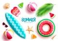 Summer vector element set. Summer beach elements floater, surfboard, beach ball, flipflop and sunglasses isolated.