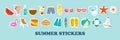 Summer vector icon set for sticker. Icons, signs and banners. Bright summertime poster. Collection elements for summer holiday and Royalty Free Stock Photo